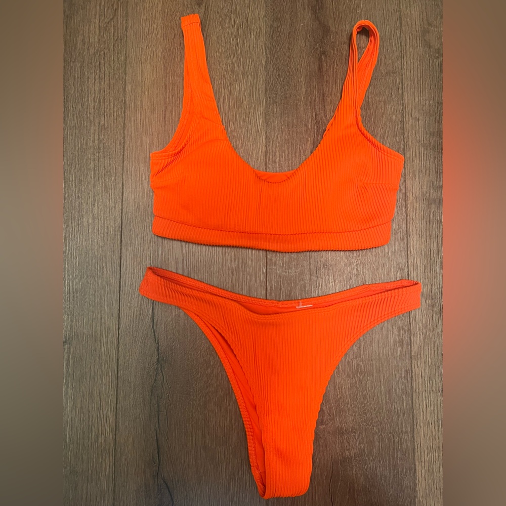 Vibrant Orange Ribbed Bikini Set